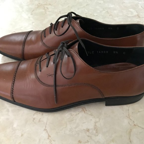 Ferragamo Mens Oxford Cognac Leather Lace Ups Cap Toe Sz 9.5 D - Picture 3 of 15